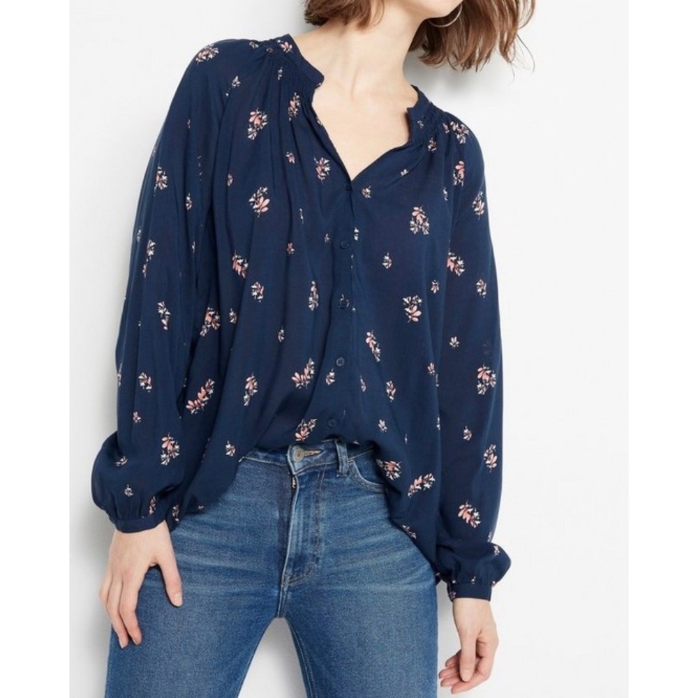Holly & Whyte By Lindex Navy Floral Button Front Blouse XL Womens Long Sleeve